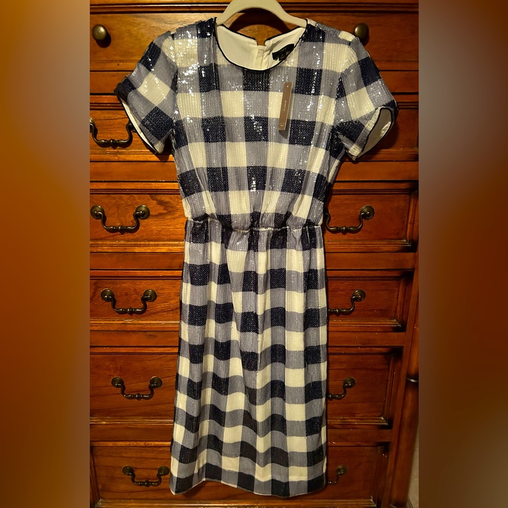 Navy/white sequined gingham J Crew dress NWT fully lined back zipper
